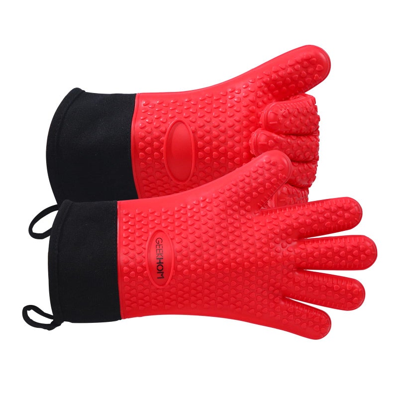 GEEKHOM BBQ Gloves Heat Resistant Oven Mitts - Silicone Grilling Gloves with 13.7" Arm Protection - Waterproof Pot Holder Non-Slip for Men & Women, Kitchen Outdoor Cooking, Baking, Camping, Red - Image 1